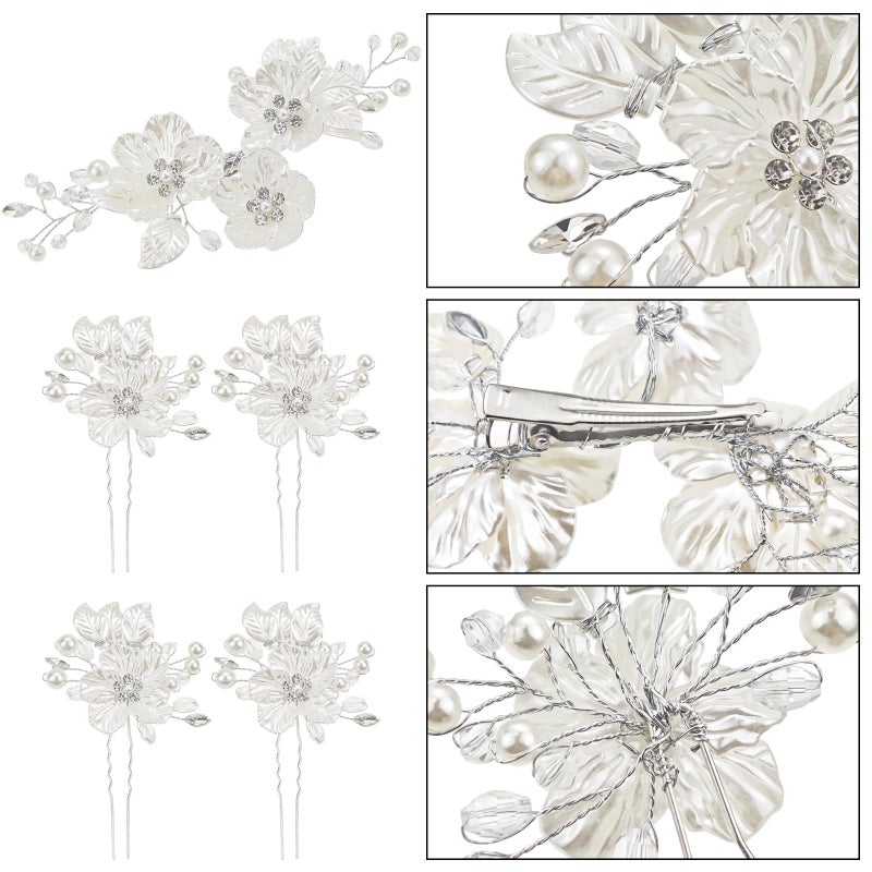 Capiant 5 Pack Bridal Flower Wedding Hair Pins, Silver Wedding Hair Piece, Crystal Pearl Hair Clips, for Brides, Bridesmaids, Women, Girls Updo - Image 3